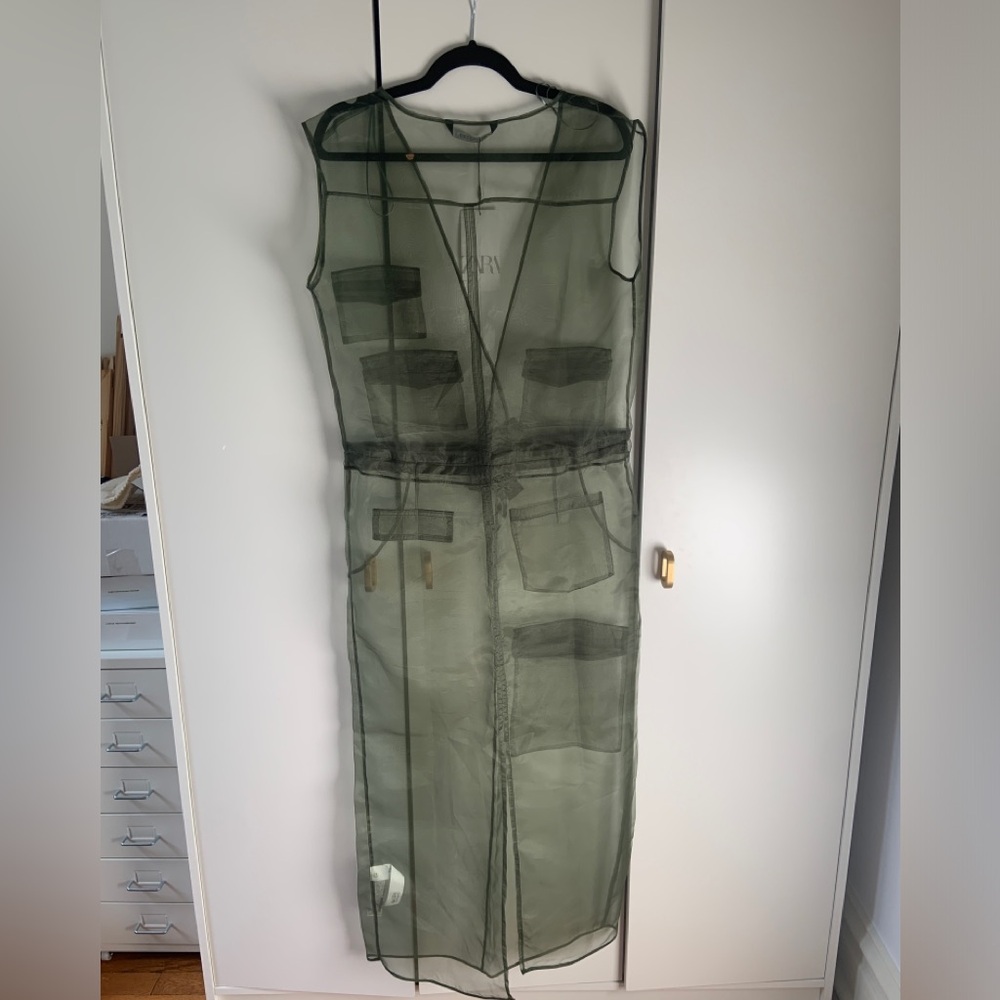 Zara Olive Green Sheer Midi Jumpsuit - Picture 2 of 2